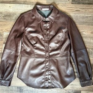 Avec Les Filles Anthropologie Brown Leather button down Shirt Jacket